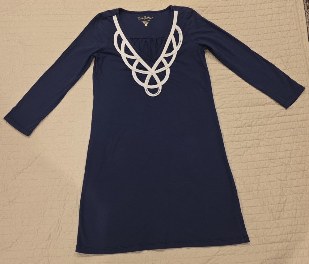 Lilly Pulitzer Blair Dress XS Navy Embroidered Pima Cotton Resortwear Coastal